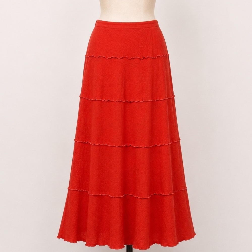 Harve Benard Red Linen Blend Tiered Maxi Skirt Size 6 Ruffle Lettuce Trim Boho